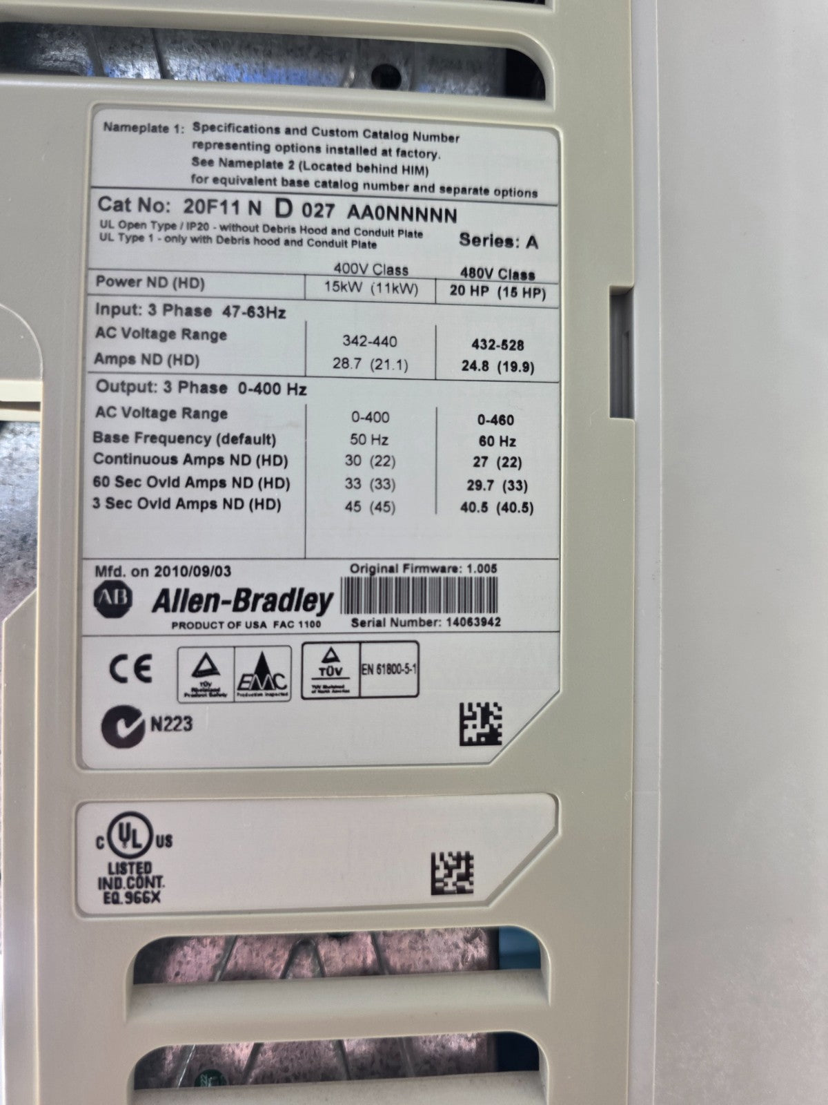 Allen-Bradley PowerFlex 753 AC Drive – 20F11ND027AA0NNNNN
